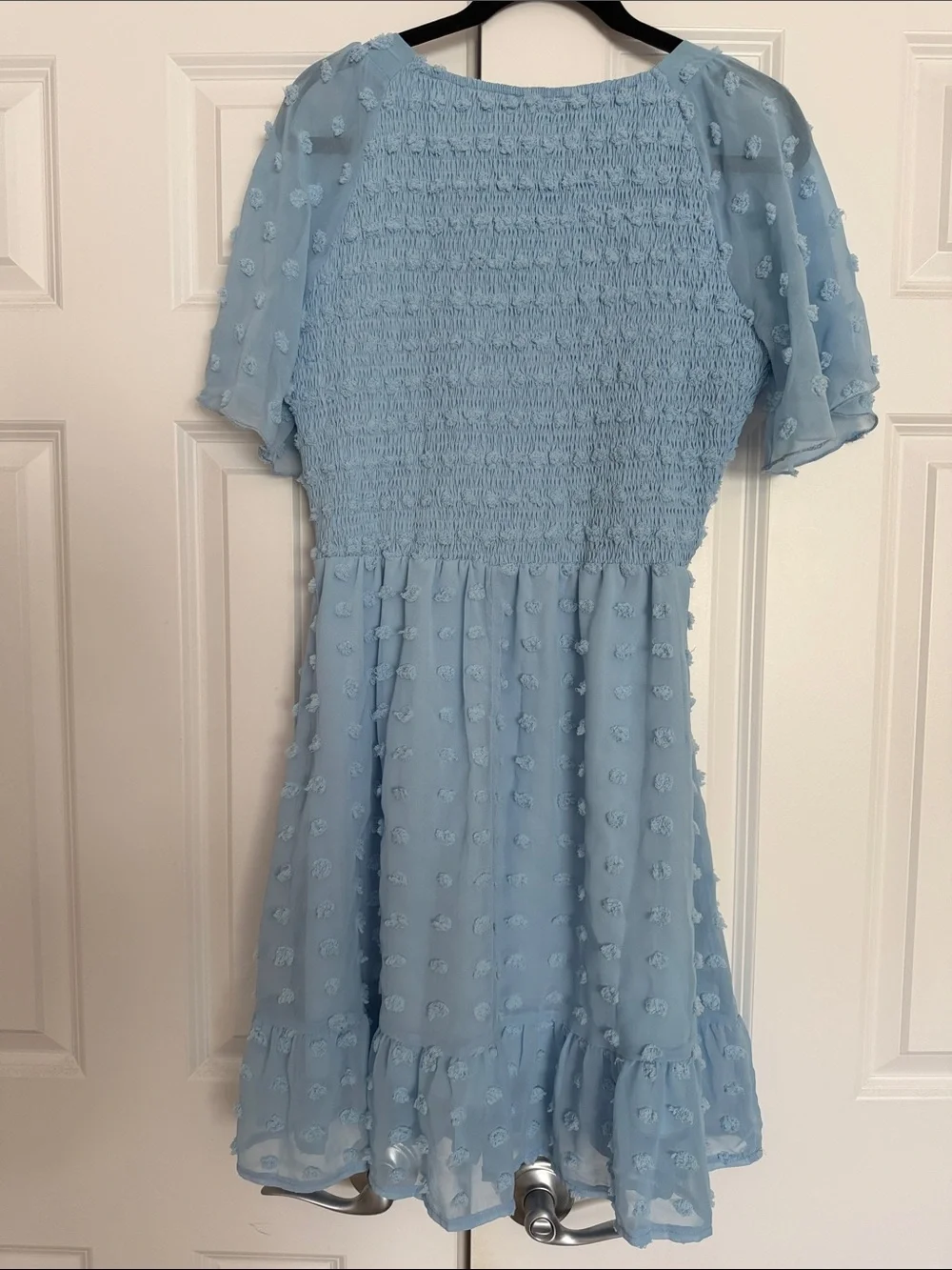 Light Blue Textured Midi Dress with V-Neck